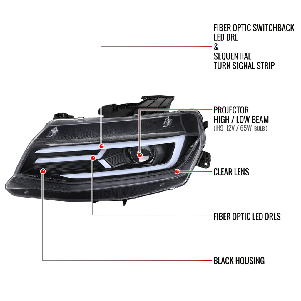 2016-2018 Chevrolet Camaro 6th Gen LED Strip Projector Headlights w/ Sequential Turn Signal Lights (Matte Black Housing / Clear Lens)