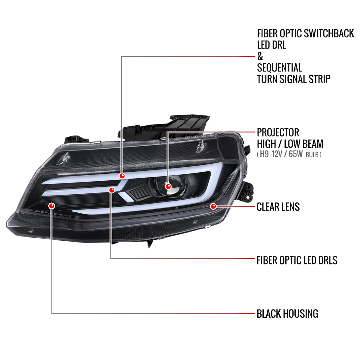2016-2018 Chevrolet Camaro 6th Gen LED Strip Projector Headlights w/ Sequential Turn Signal Lights (Matte Black Housing / Clear Lens)
