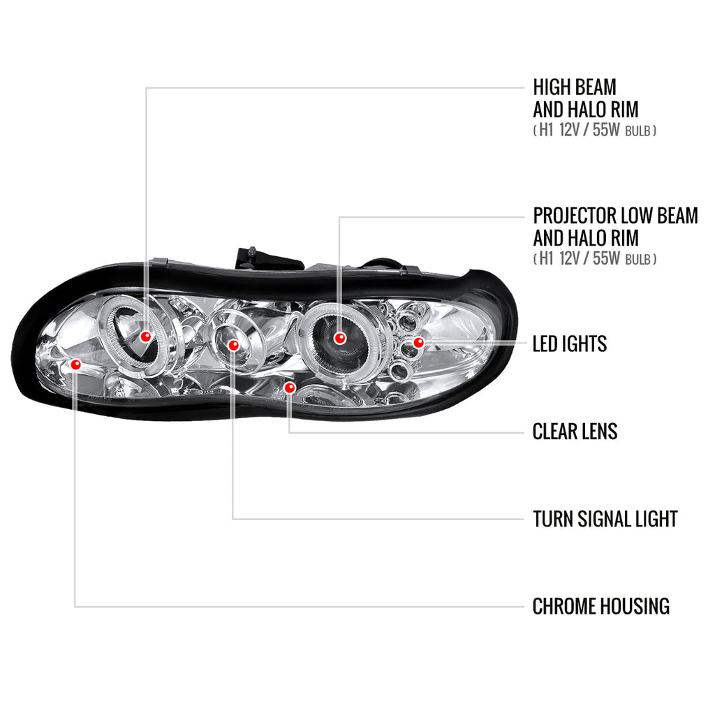 1998-2002 Chevrolet Camaro 4th Gen Dual Halo Projector Headlights (Chrome Housing / Clear Lens)