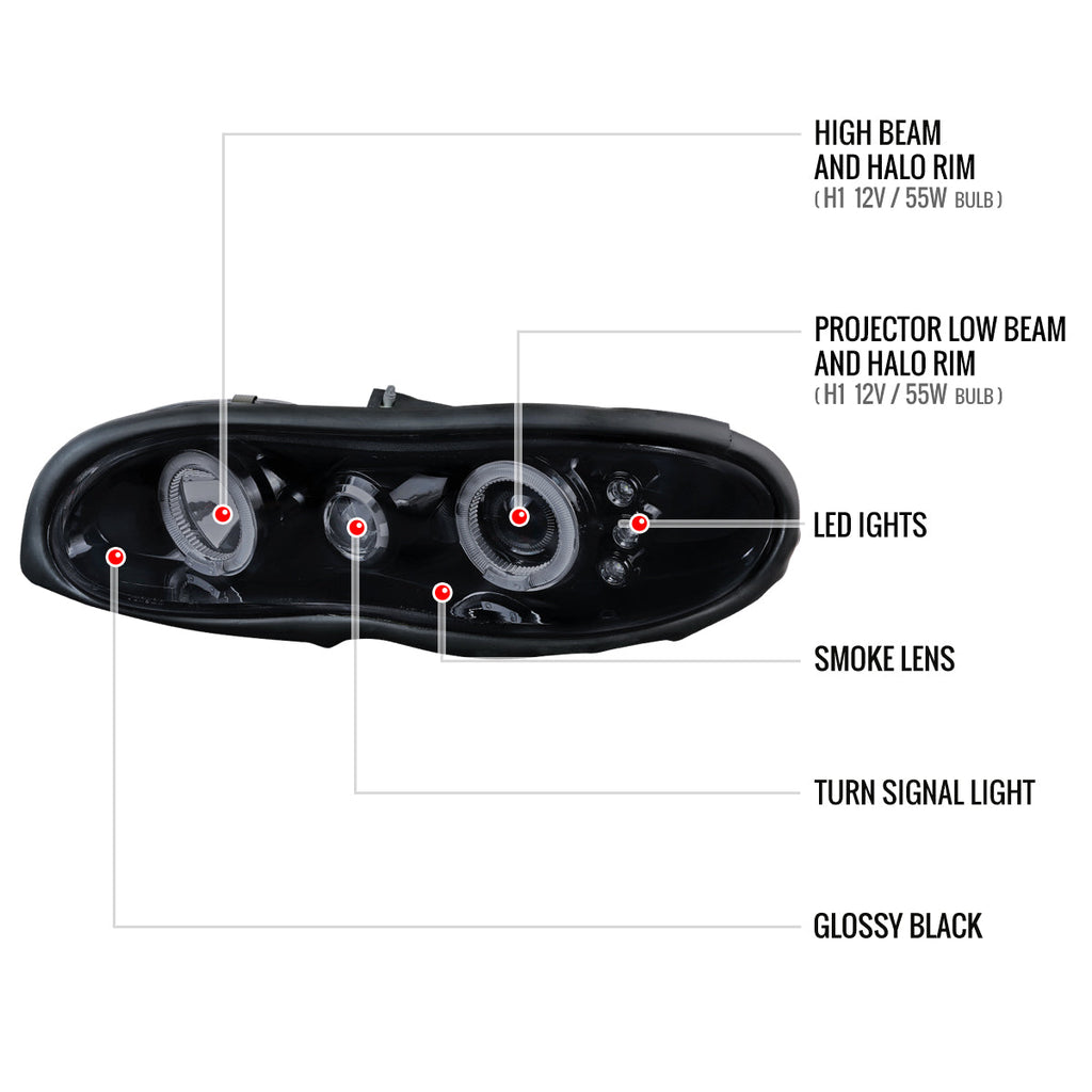 1998-2002 Chevrolet Camaro 4th Gen Dual Halo Projector Headlights (Glossy Black Housing / Smoked Lens)