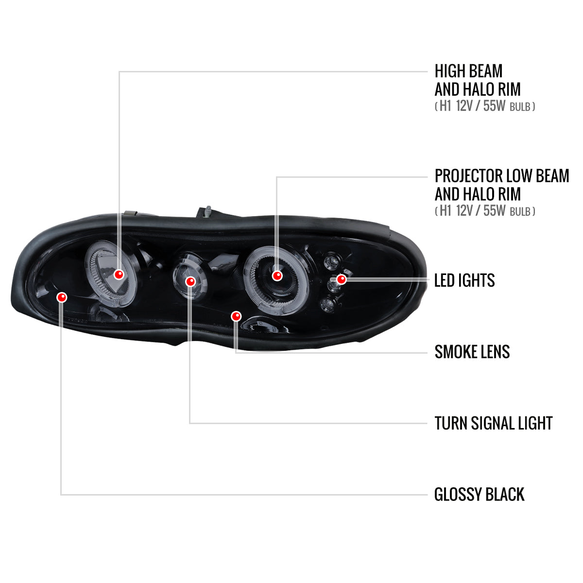 1998-2002 Chevrolet Camaro 4th Gen Dual Halo Projector Headlights (Glossy Black Housing / Smoked Lens)