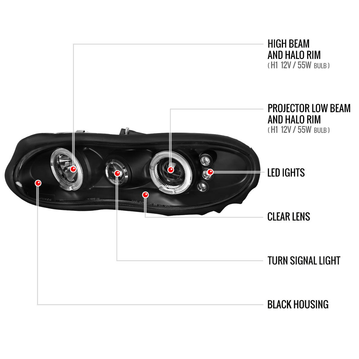 1998-2002 Chevrolet Camaro 4th Gen Dual Halo Projector Headlights (Matte Black Housing / Clear Lens)