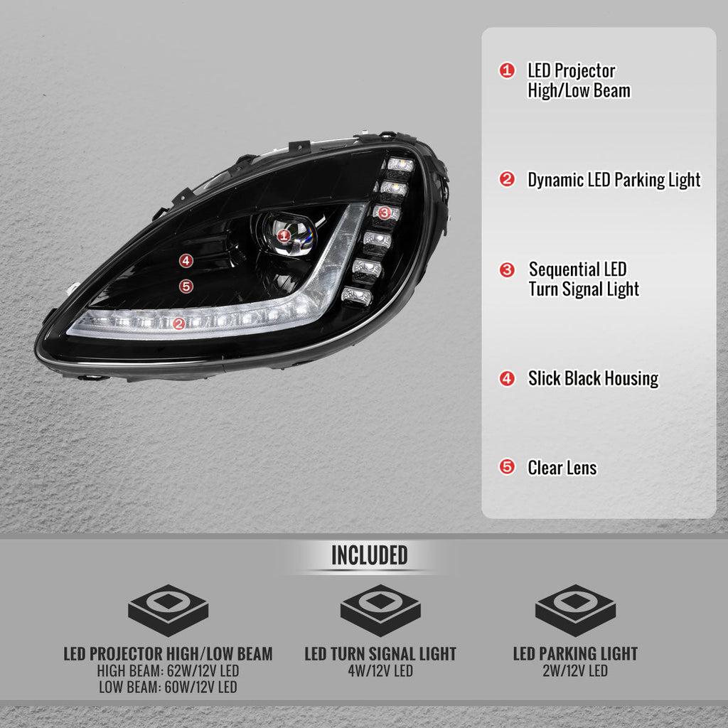 2005-2013 Chevrolet Corvette C6 Projector Headlights w/ Sequential LED Turn Signal and Park Lights with Startup Animation (Black Housing / Clear Lens)