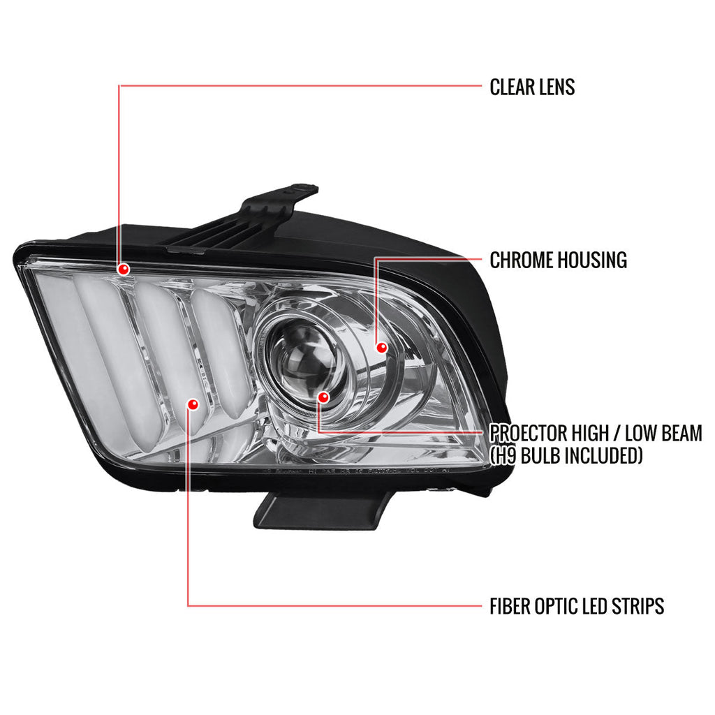 2005-2009 Ford Mustang S197 LED Bar Projector Headlights (Chrome Housing / Clear Lens)