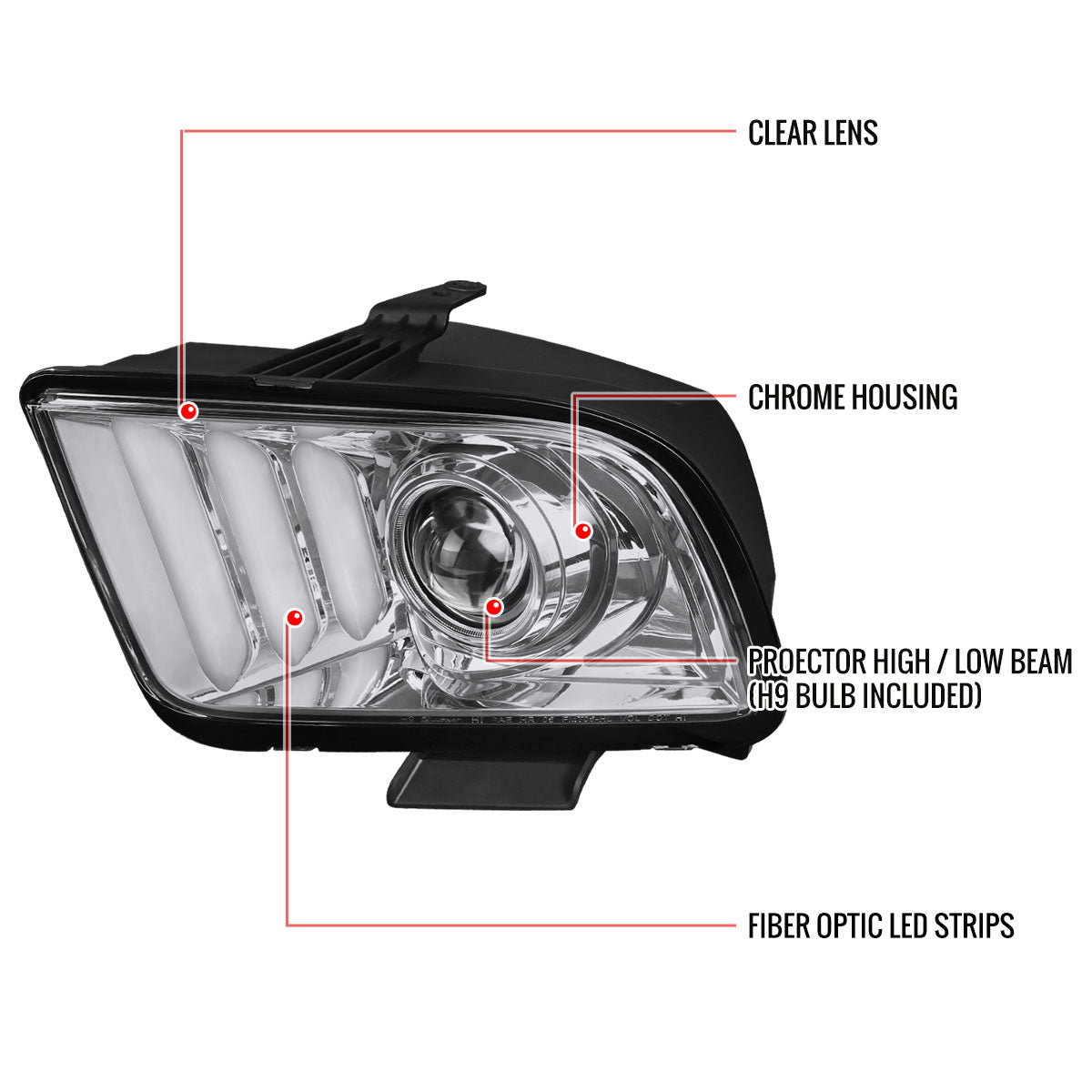 2005-2009 Ford Mustang S197 LED Bar Projector Headlights (Chrome Housing / Clear Lens)