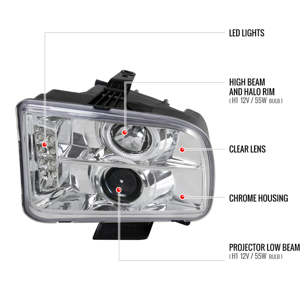 2005-2009 Ford Mustang S197 Halo Projector Headlights w/ LED Light Strip (Chrome Housing / Clear Lens)