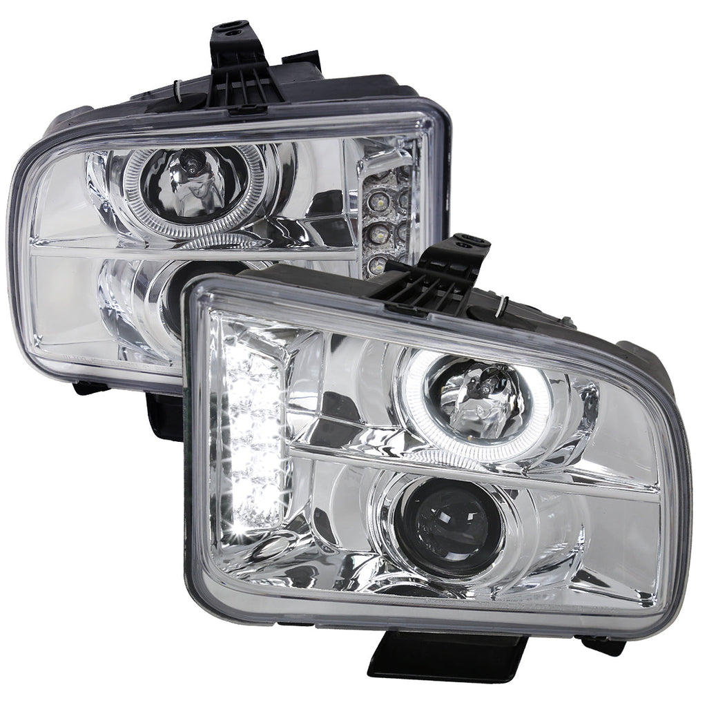 2005-2009 Ford Mustang S197 Halo Projector Headlights w/ LED Light Strip (Chrome Housing / Clear Lens)