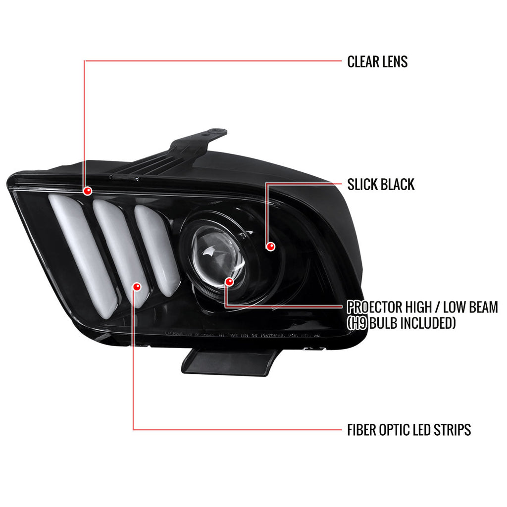 2005-2009 Ford Mustang S197 LED Bar Projector Headlights (Jet Black Housing / Clear Lens)