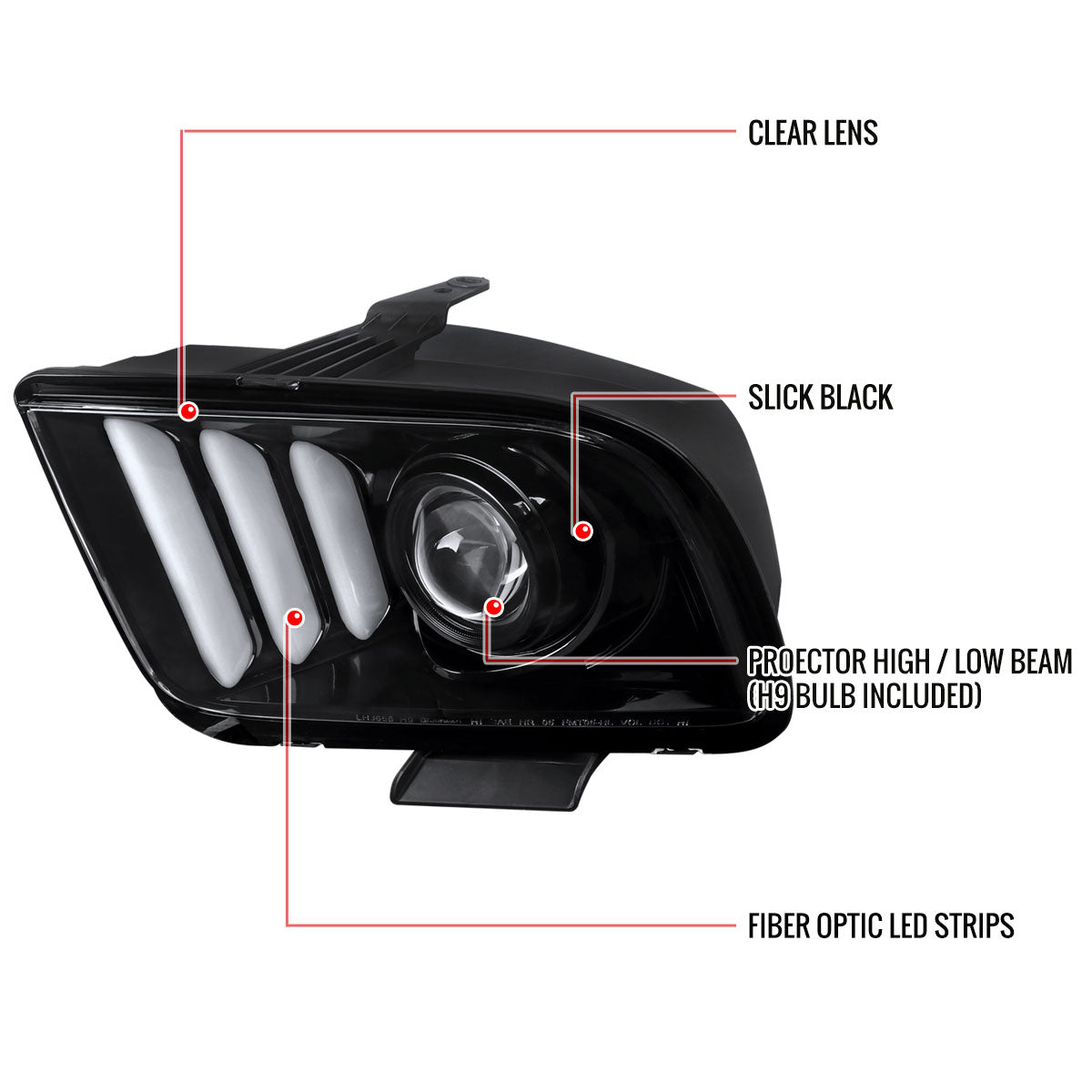 2005-2009 Ford Mustang S197 LED Bar Projector Headlights (Jet Black Housing / Clear Lens)