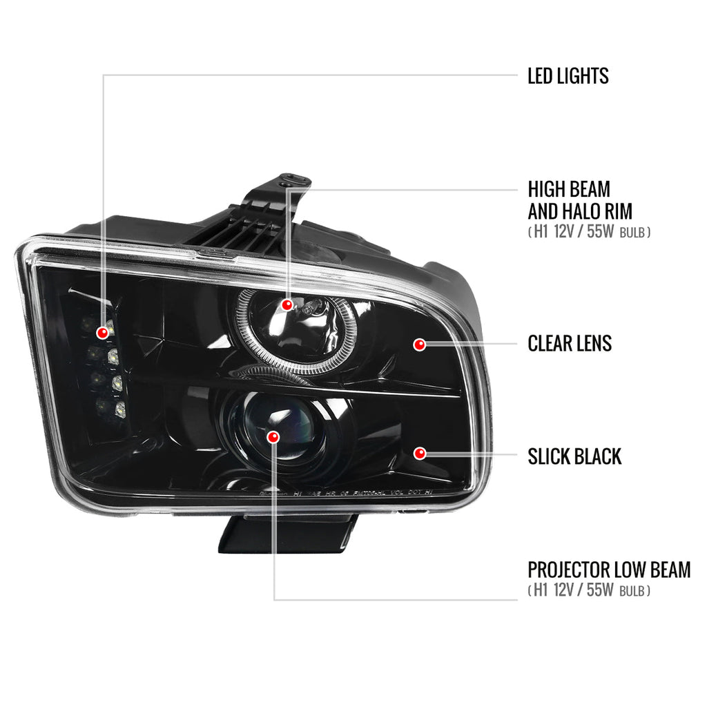 2005-2009 Ford Mustang S197 Halo Projector Headlights (Jet Black Housing / Clear Lens)