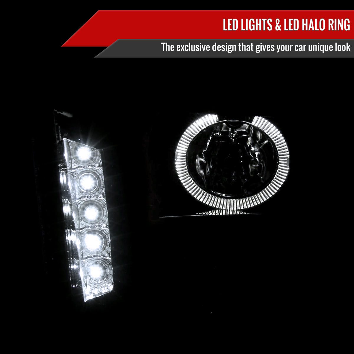 2005-2009 Ford Mustang S197 Halo Projector Headlights w/ LED Light Strip (Glossy Black Housing / Smoked Lens)