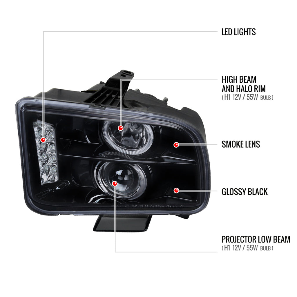 2005-2009 Ford Mustang S197 Halo Projector Headlights w/ LED Light Strip (Glossy Black Housing / Smoked Lens)