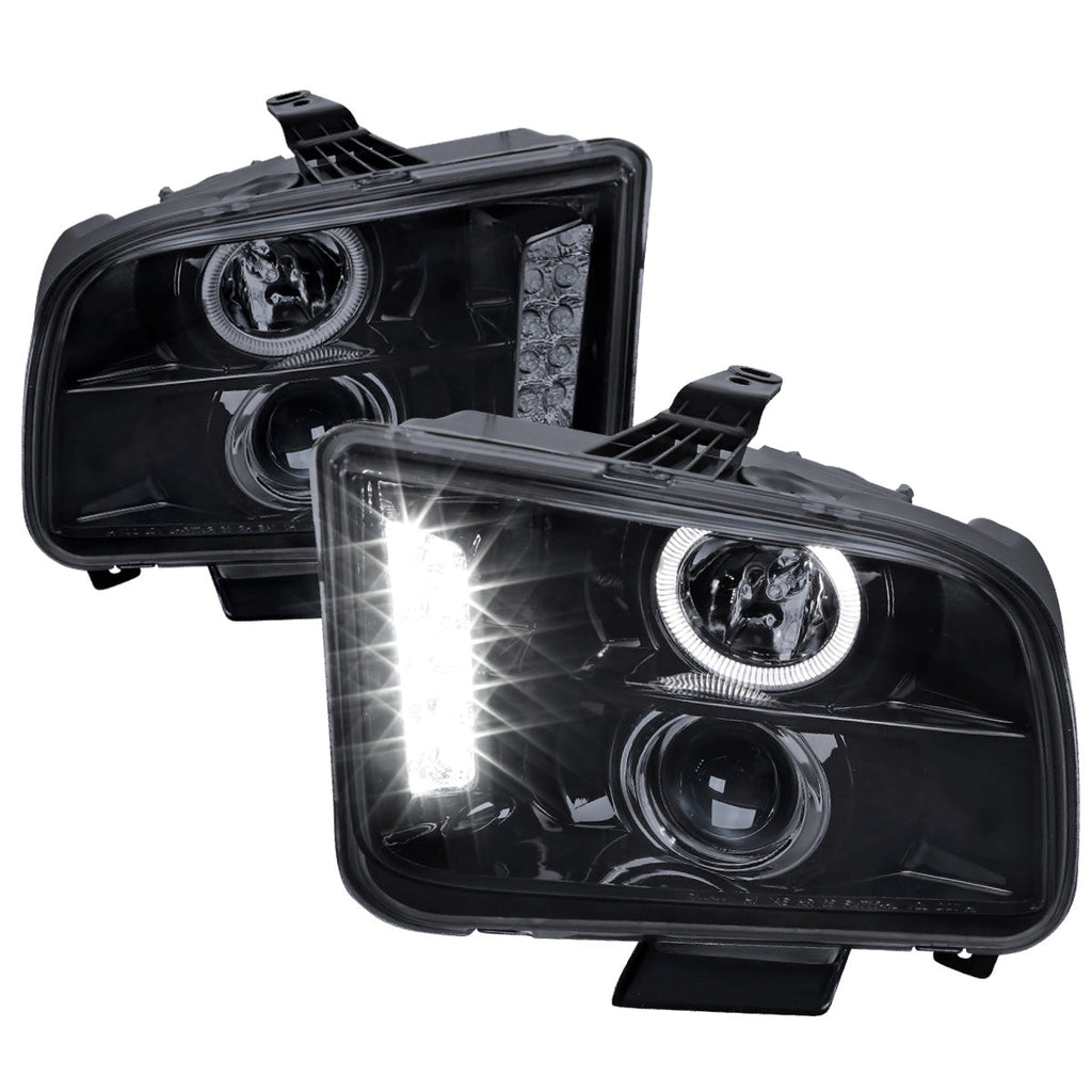 2005-2009 Ford Mustang S197 Halo Projector Headlights w/ LED Light Strip (Glossy Black Housing / Smoked Lens)