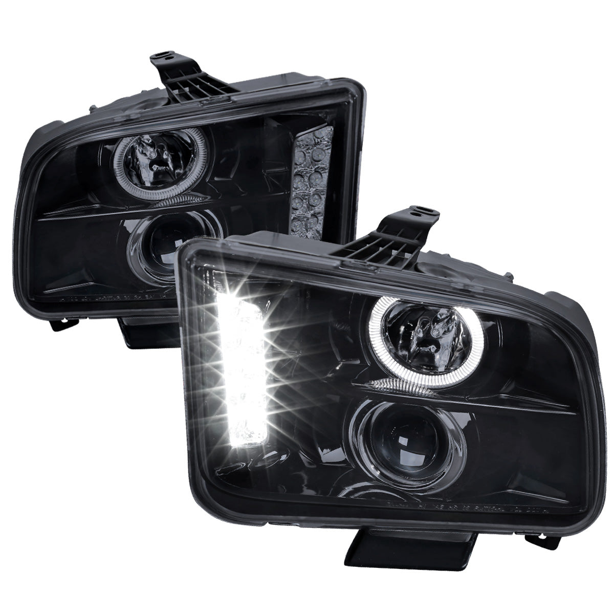 2005-2009 Ford Mustang S197 Halo Projector Headlights w/ LED Light Strip (Glossy Black Housing / Smoked Lens)