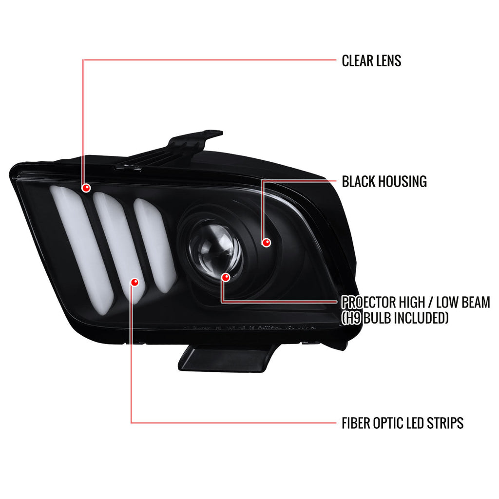 2005-2009 Ford Mustang S197 LED Bar Projector Headlights (Matte Black Housing / Clear Lens)