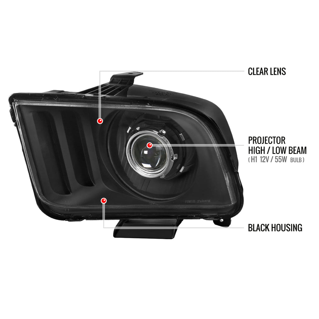 2005-2009 Ford Mustang S197 H1 Projector Headlights (Matte Black Housing / Clear Lens)