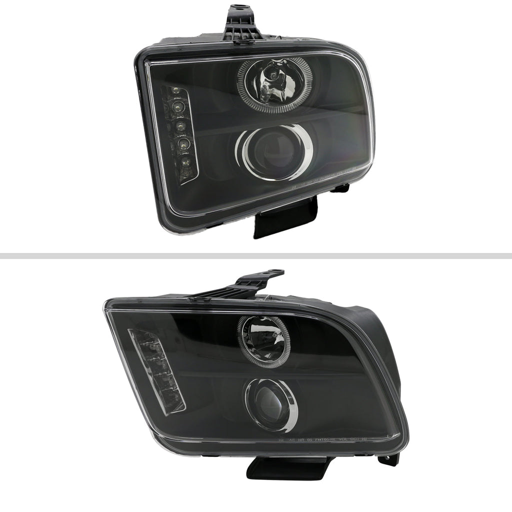 2005-2009 Ford Mustang S197 Halo Projector Headlights w/ LED Light Strip (Matte Black Housing / Clear Lens)