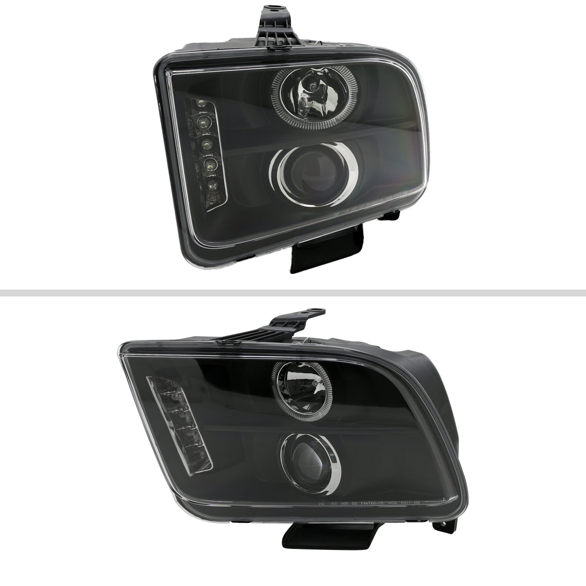 2005-2009 Ford Mustang S197 Halo Projector Headlights w/ LED Light Strip (Matte Black Housing / Clear Lens)