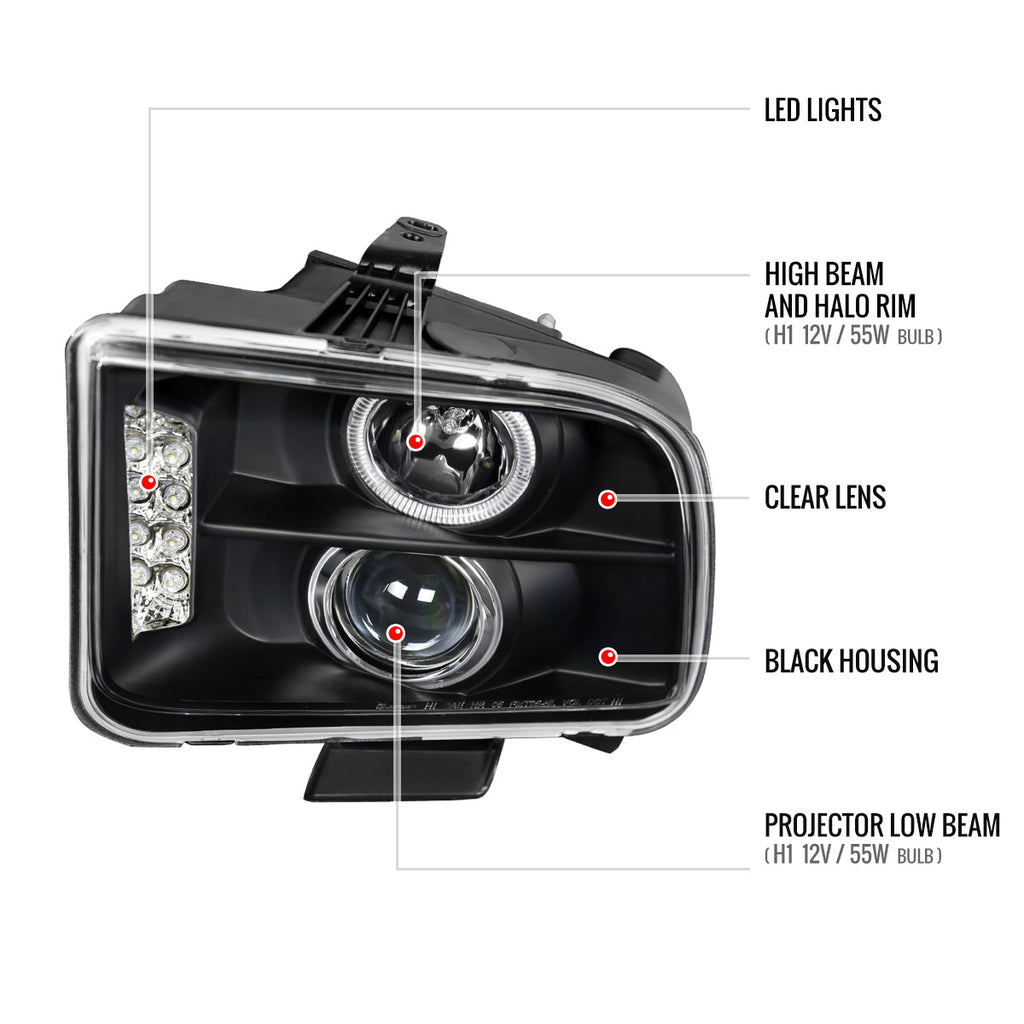 2005-2009 Ford Mustang S197 Halo Projector Headlights w/ LED Light Strip (Matte Black Housing / Clear Lens)