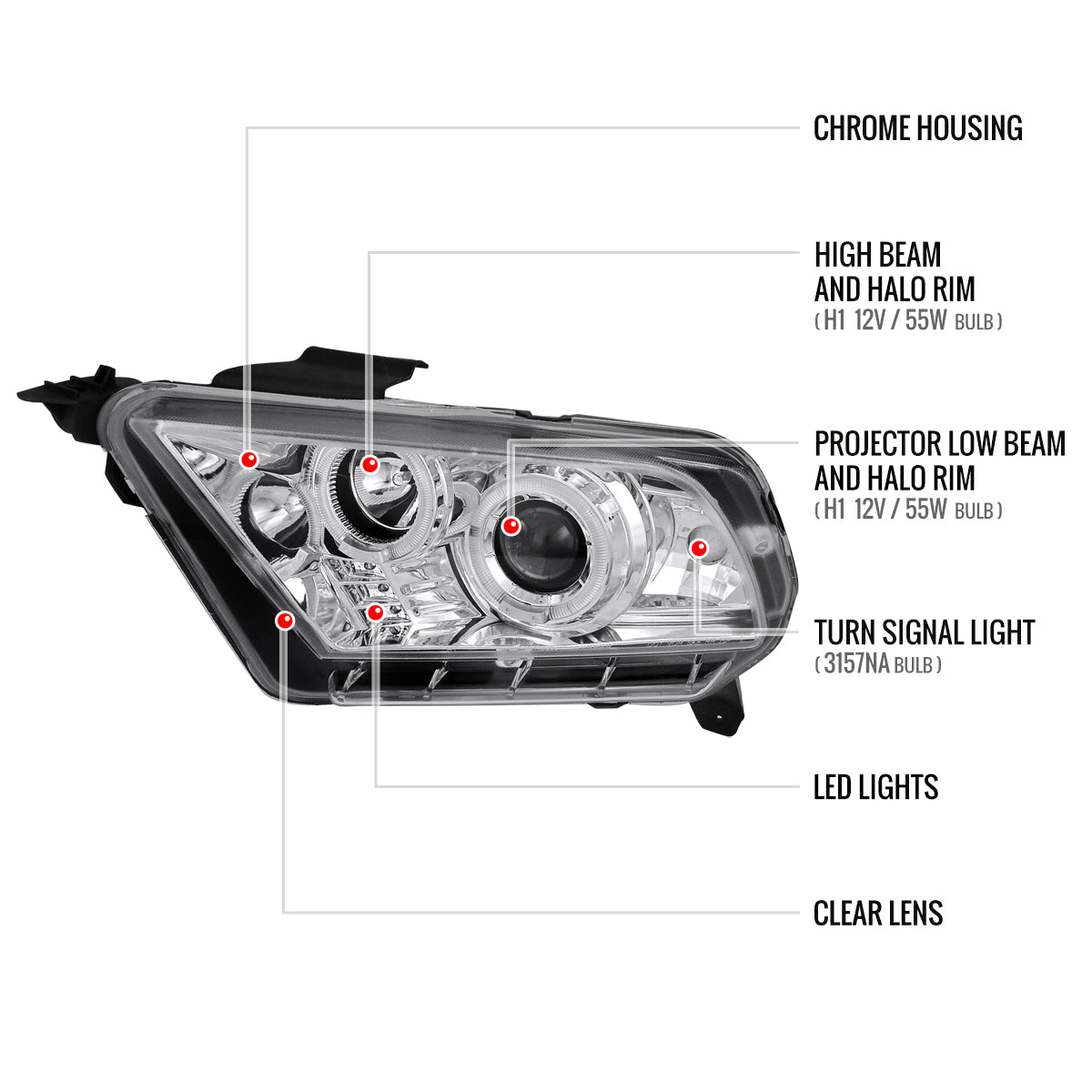 2010-2014 Ford Mustang S197 Dual Halo Projector Headlights (Chrome Housing / Clear Lens)