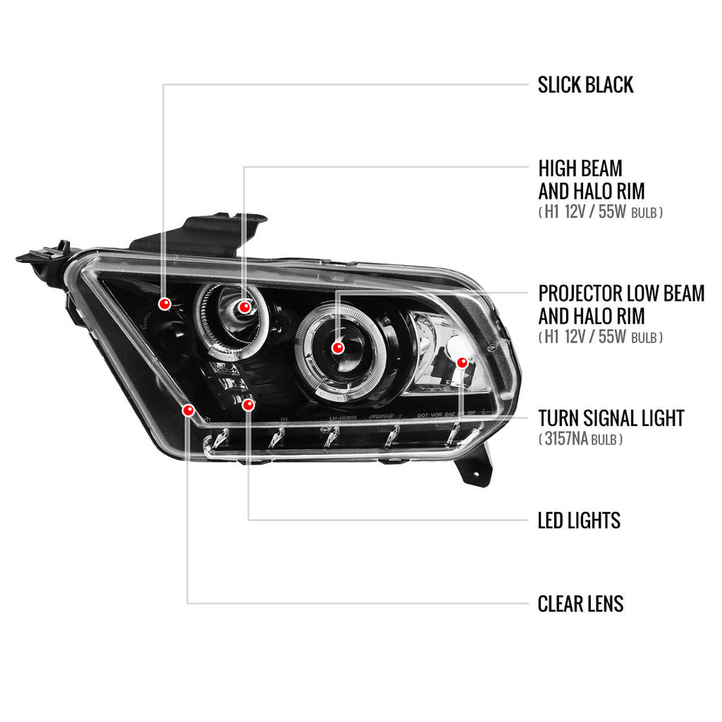 2010-2014 Ford Mustang S197 Dual Halo Projector Headlights (Jet Black Housing / Clear Lens)