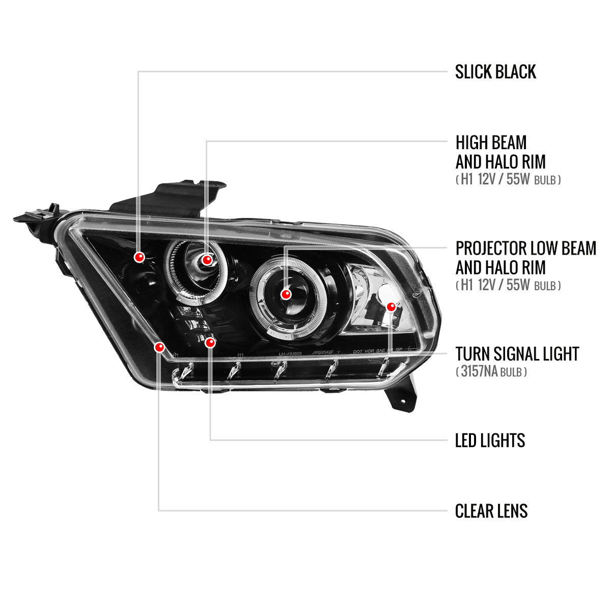 2010-2014 Ford Mustang S197 Dual Halo Projector Headlights (Jet Black Housing / Clear Lens)