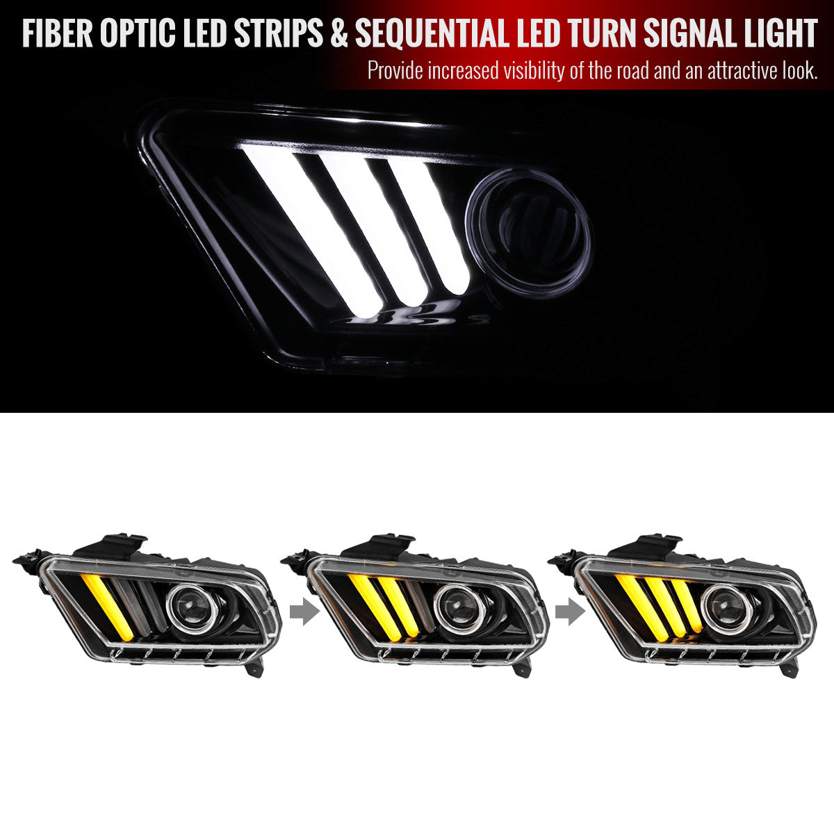 2010-2014 Ford Mustang S197 LED Bar Projector Headlights w/ Sequential Turn Signals (Jet Black Housing / Clear Lens)