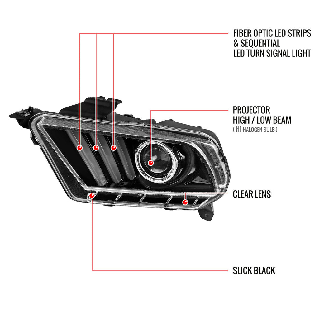 2010-2014 Ford Mustang S197 LED Bar Projector Headlights w/ Sequential Turn Signals (Jet Black Housing / Clear Lens)