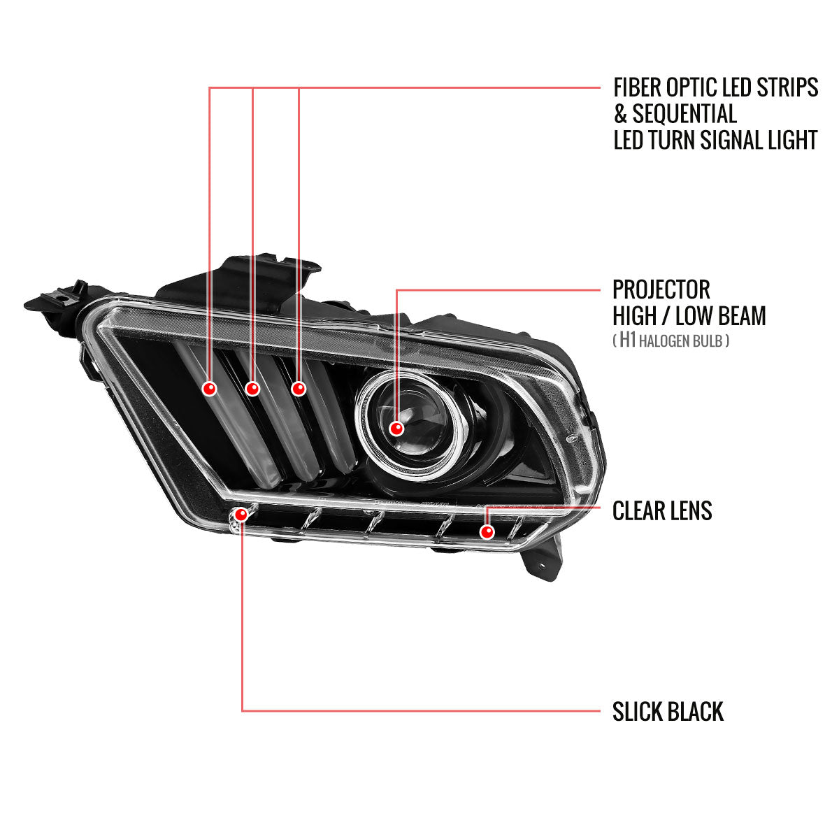 2010-2014 Ford Mustang S197 LED Bar Projector Headlights w/ Sequential Turn Signals (Jet Black Housing / Clear Lens)