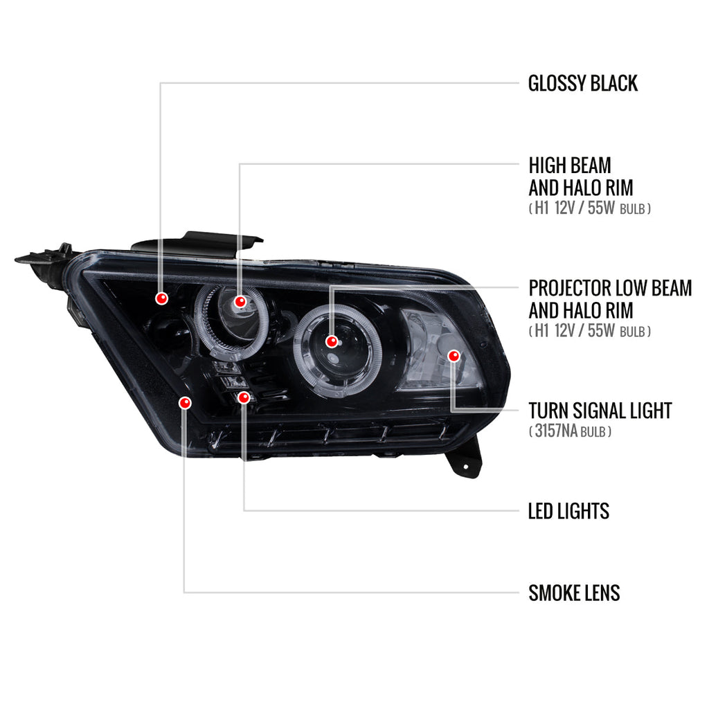 2010-2014 Ford Mustang S197 Dual Halo Projector Headlights (Glossy Black Housing / Smoked Lens)