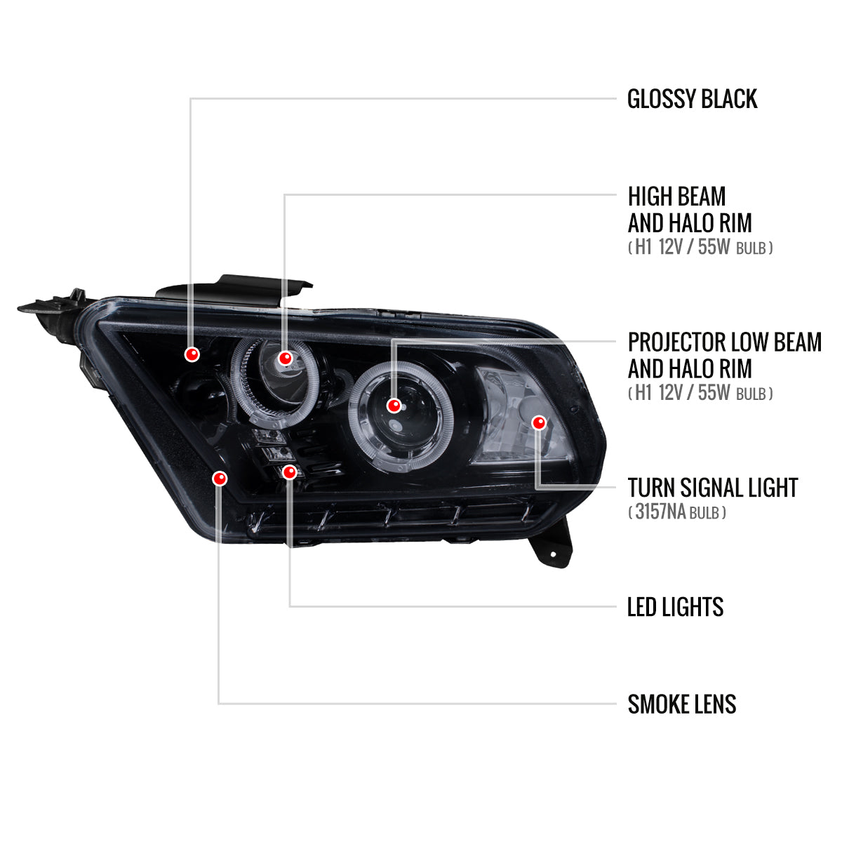 2010-2014 Ford Mustang S197 Dual Halo Projector Headlights (Glossy Black Housing / Smoked Lens)