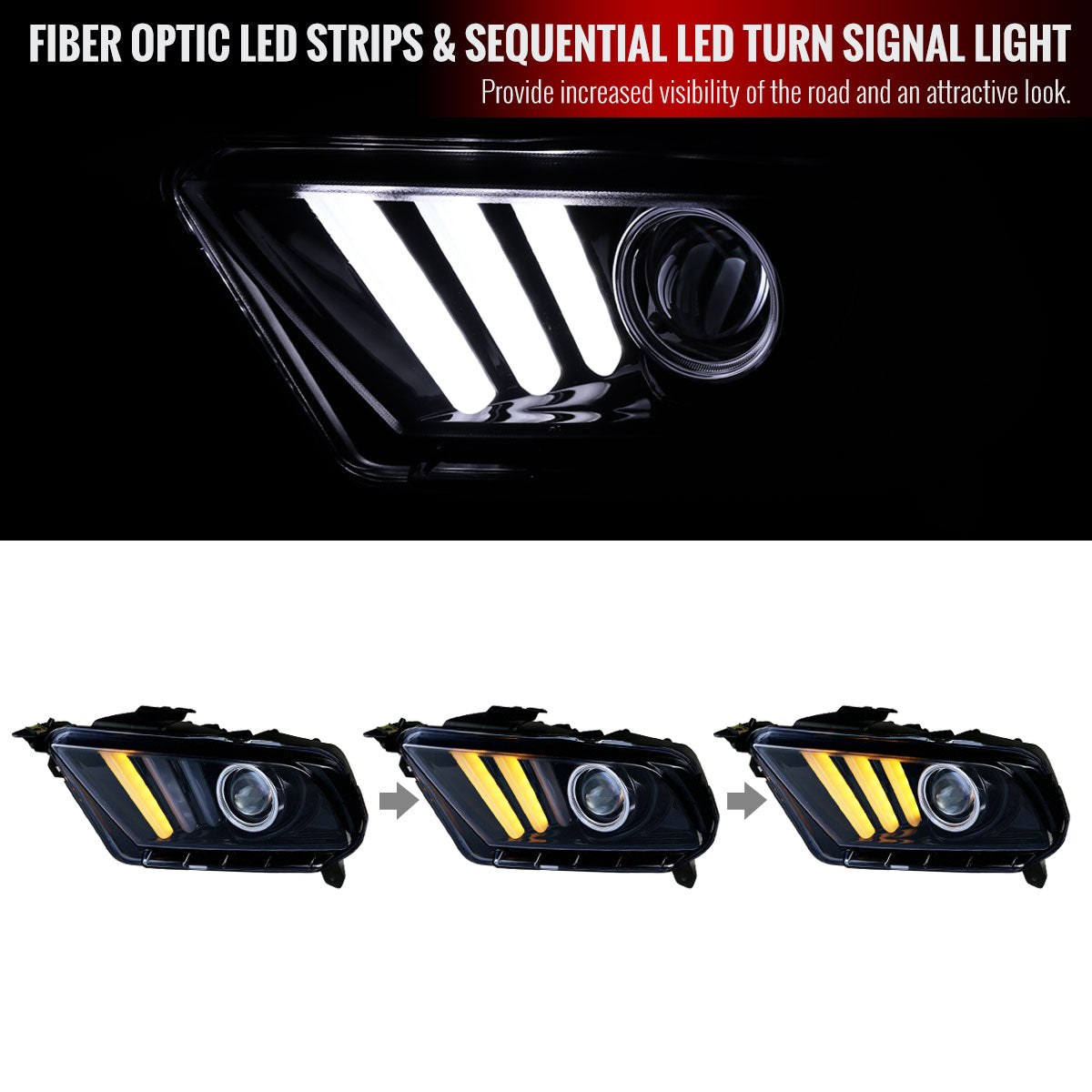 2010-2014 Ford Mustang S197 LED Bar Projector Headlights w/ Sequential Turn Signals (Glossy Black Housing / Smoked Lens)