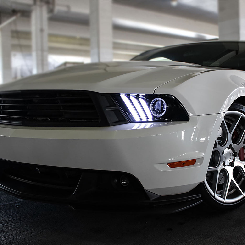 2010-2014 Ford Mustang S197 LED Bar Projector Headlights w/ Sequential Turn Signals (Glossy Black Housing / Smoked Lens)