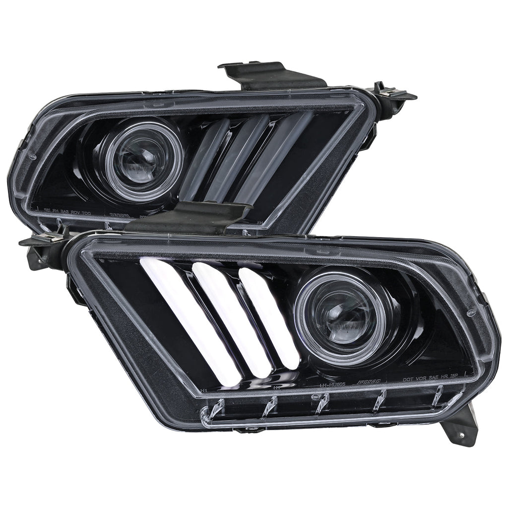 2010-2014 Ford Mustang S197 LED Bar Projector Headlights w/ Sequential Turn Signals (Glossy Black Housing / Smoked Lens)