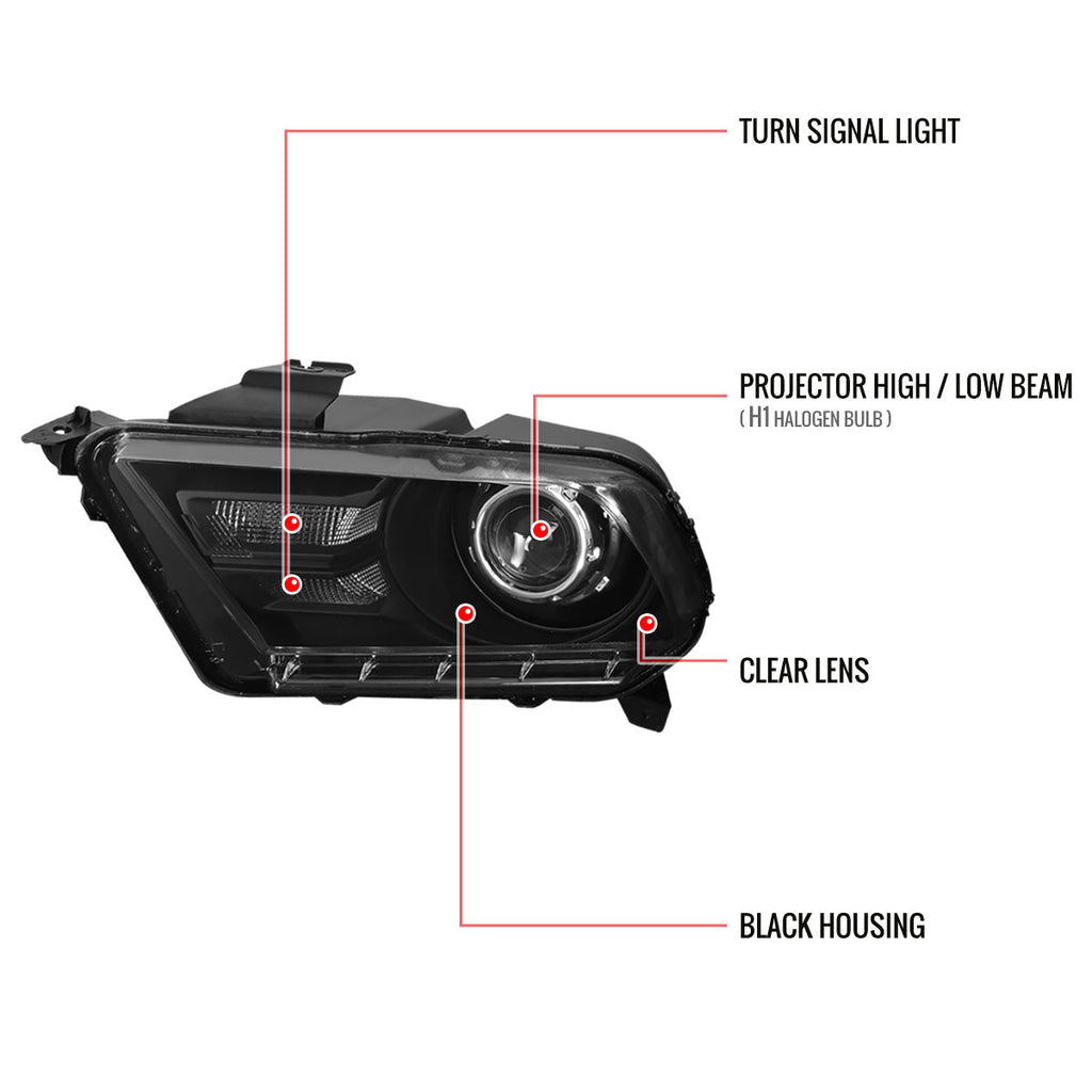 2010-2014 Ford Mustang S197 Retrofit Style Projector Headlights (Matte Black Housing / Clear Lens)