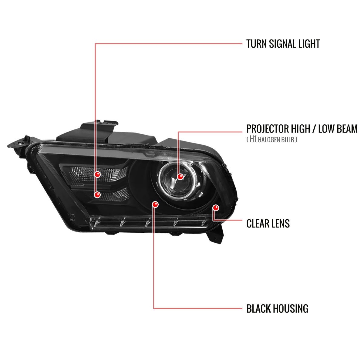 2010-2014 Ford Mustang S197 Retrofit Style Projector Headlights (Matte Black Housing / Clear Lens)