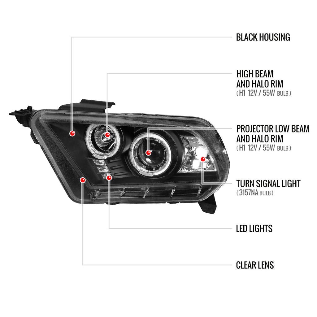 2010-2014 Ford Mustang S197 Dual Halo Projector Headlights (Matte Black Housing / Clear Lens)
