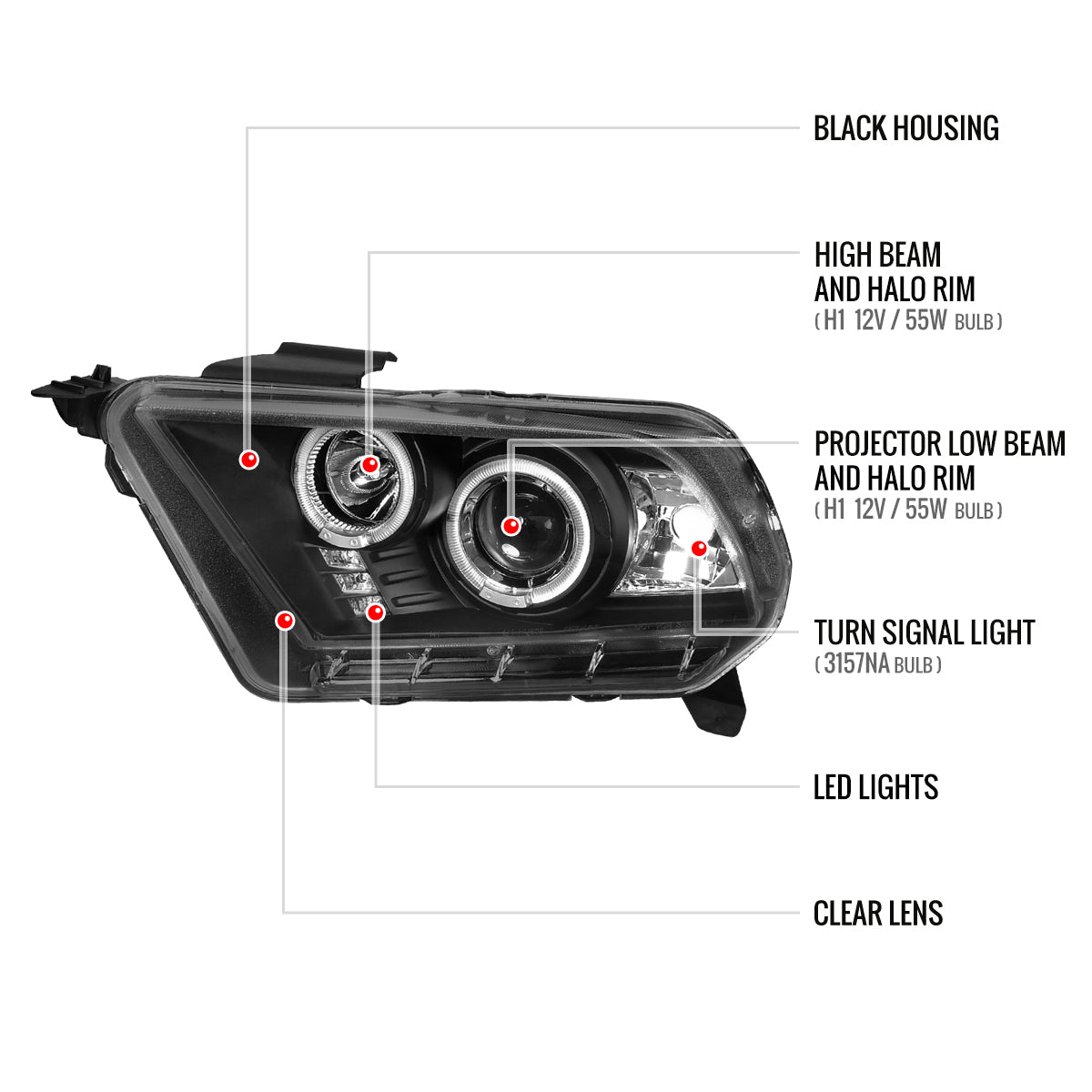2010-2014 Ford Mustang S197 Dual Halo Projector Headlights (Matte Black Housing / Clear Lens)