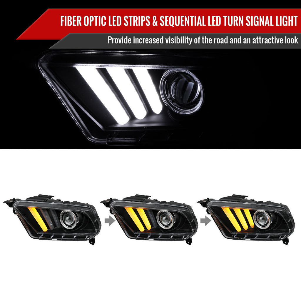 2010-2014 Ford Mustang S197 Sequential LED Bar Projector Headlights w/ Sequential Turn Signal Lights (Matte Black Housing / Clear Lens)