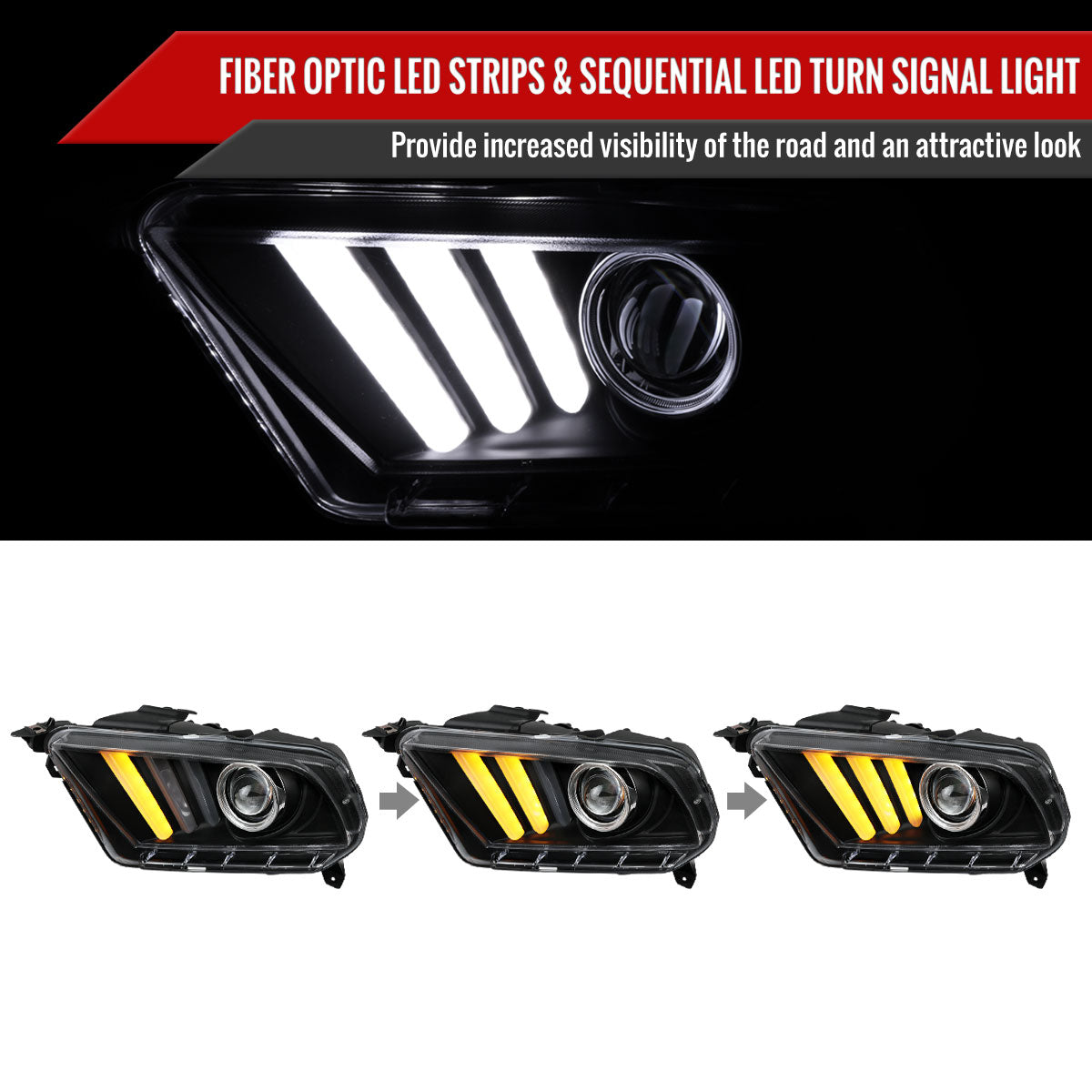 2010-2014 Ford Mustang S197 Sequential LED Bar Projector Headlights w/ Sequential Turn Signal Lights (Matte Black Housing / Clear Lens)