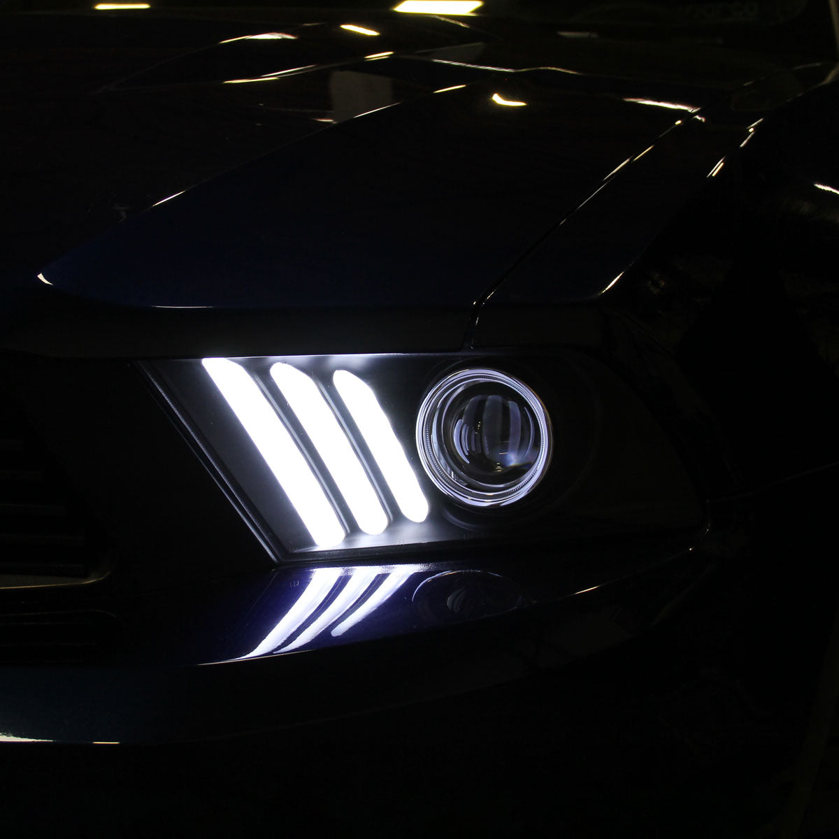 2010-2014 Ford Mustang S197 Sequential LED Bar Projector Headlights w/ Sequential Turn Signal Lights (Matte Black Housing / Clear Lens)