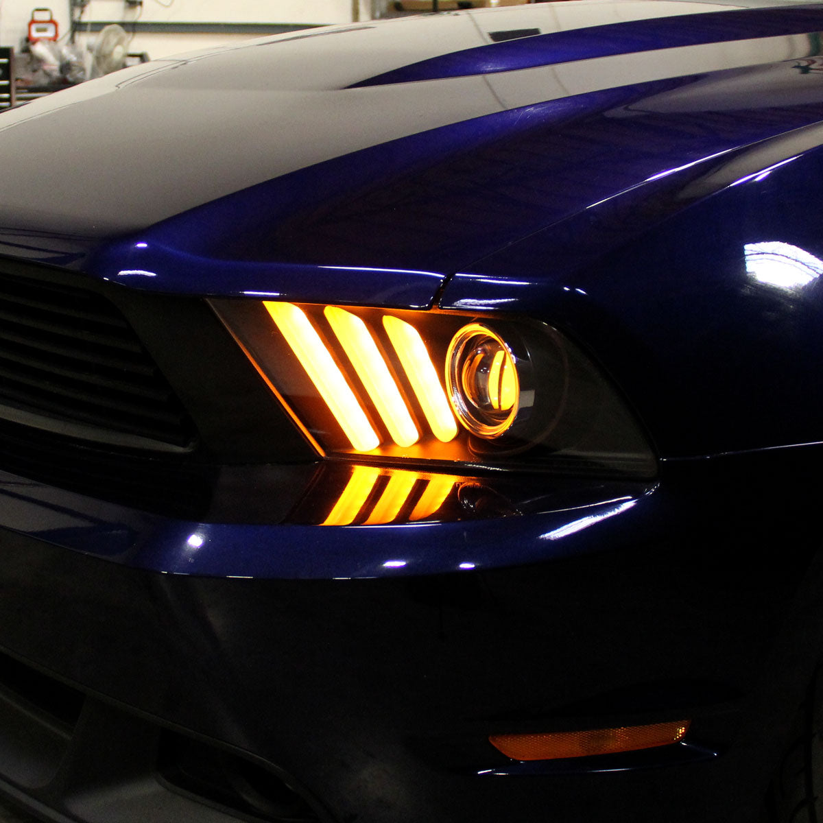 2010-2014 Ford Mustang S197 Sequential LED Bar Projector Headlights w/ Sequential Turn Signal Lights (Matte Black Housing / Clear Lens)