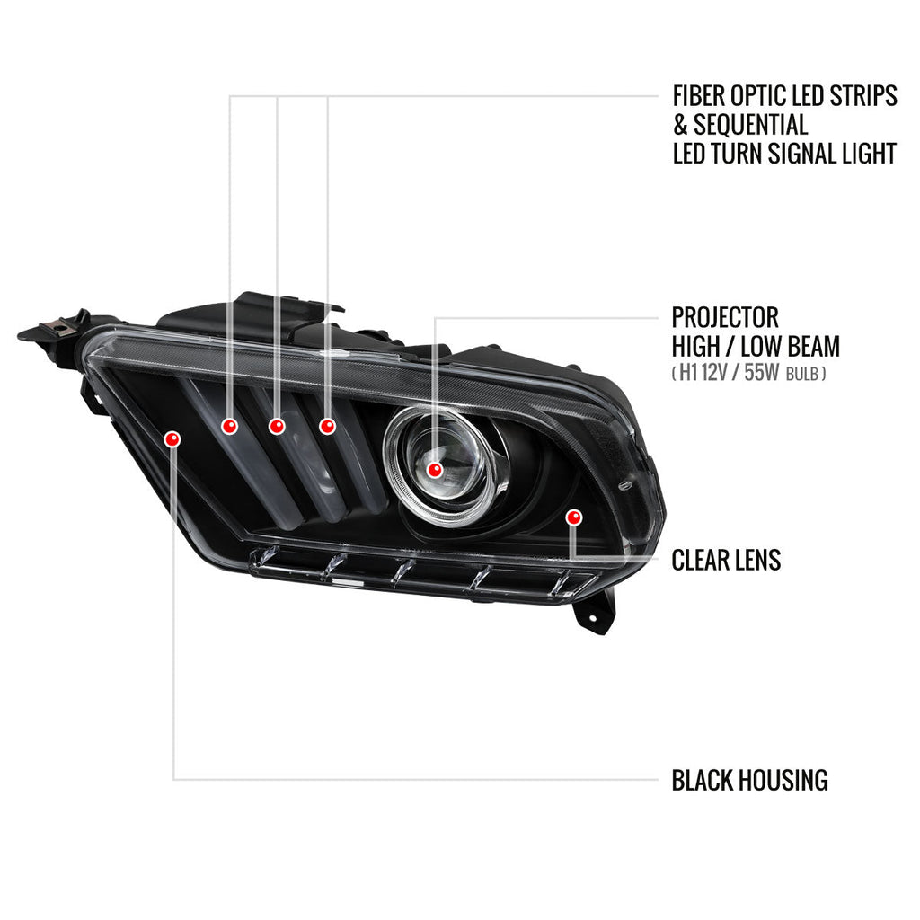 2010-2014 Ford Mustang S197 Sequential LED Bar Projector Headlights w/ Sequential Turn Signal Lights (Matte Black Housing / Clear Lens)