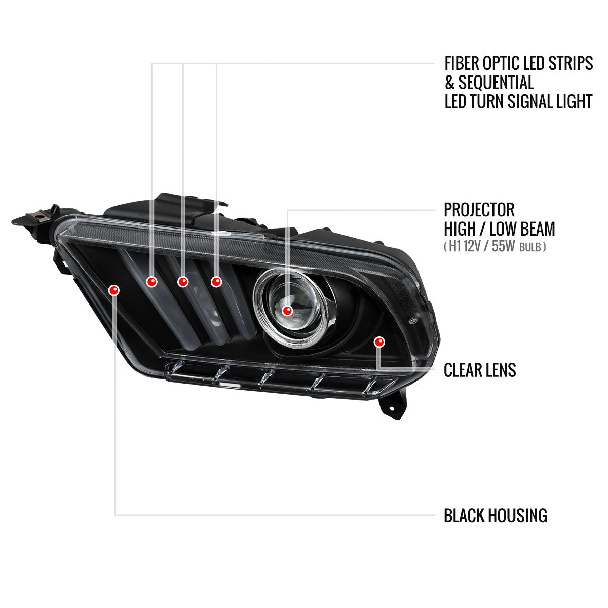 2010-2014 Ford Mustang S197 Sequential LED Bar Projector Headlights w/ Sequential Turn Signal Lights (Matte Black Housing / Clear Lens)
