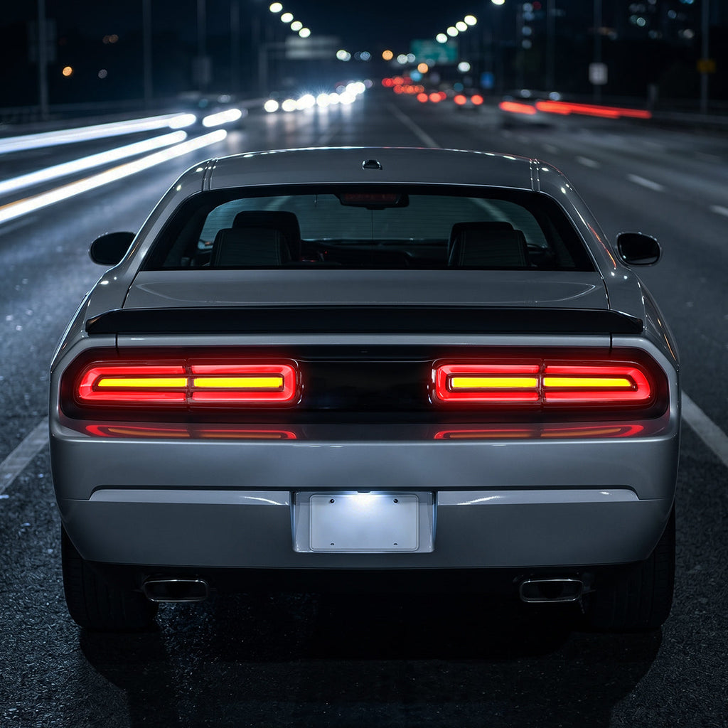 2008-2014 Dodge Challenger Sequential LED Turn Signal Tail Lights (Black Housing / Clear Lens / White Bars)