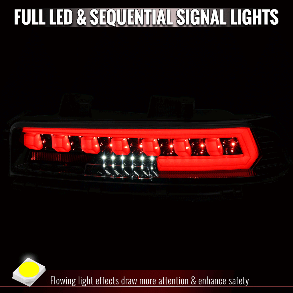 2014-2015 Chevrolet Camaro 5th Gen Full LED Sequential Tail Lights (Glossy Black Housing / Smoked Lens)