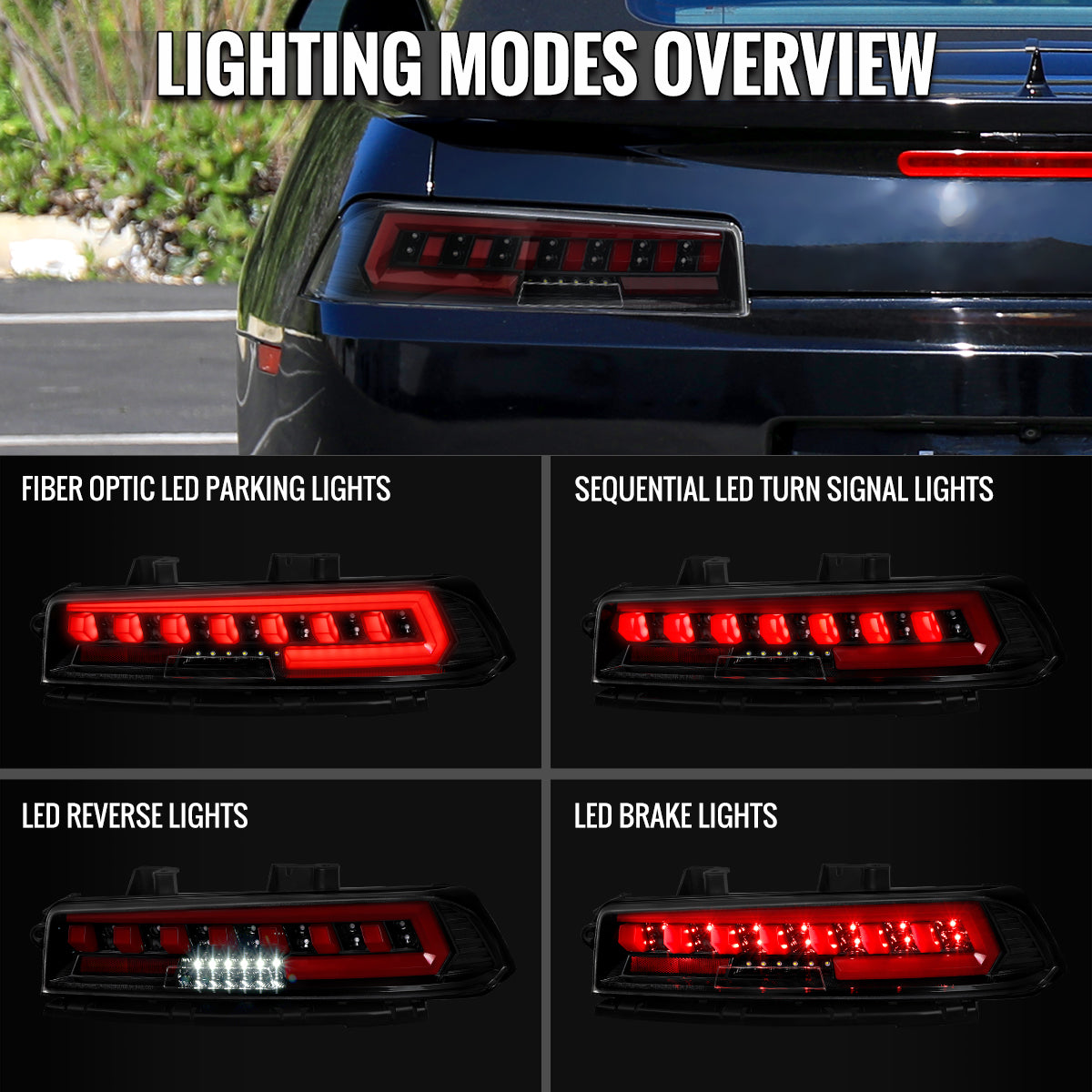 2014-2015 Chevrolet Camaro 5th Gen Full Red LED Sequential Tail Lights (Jet Black Housing / Clear Lens)