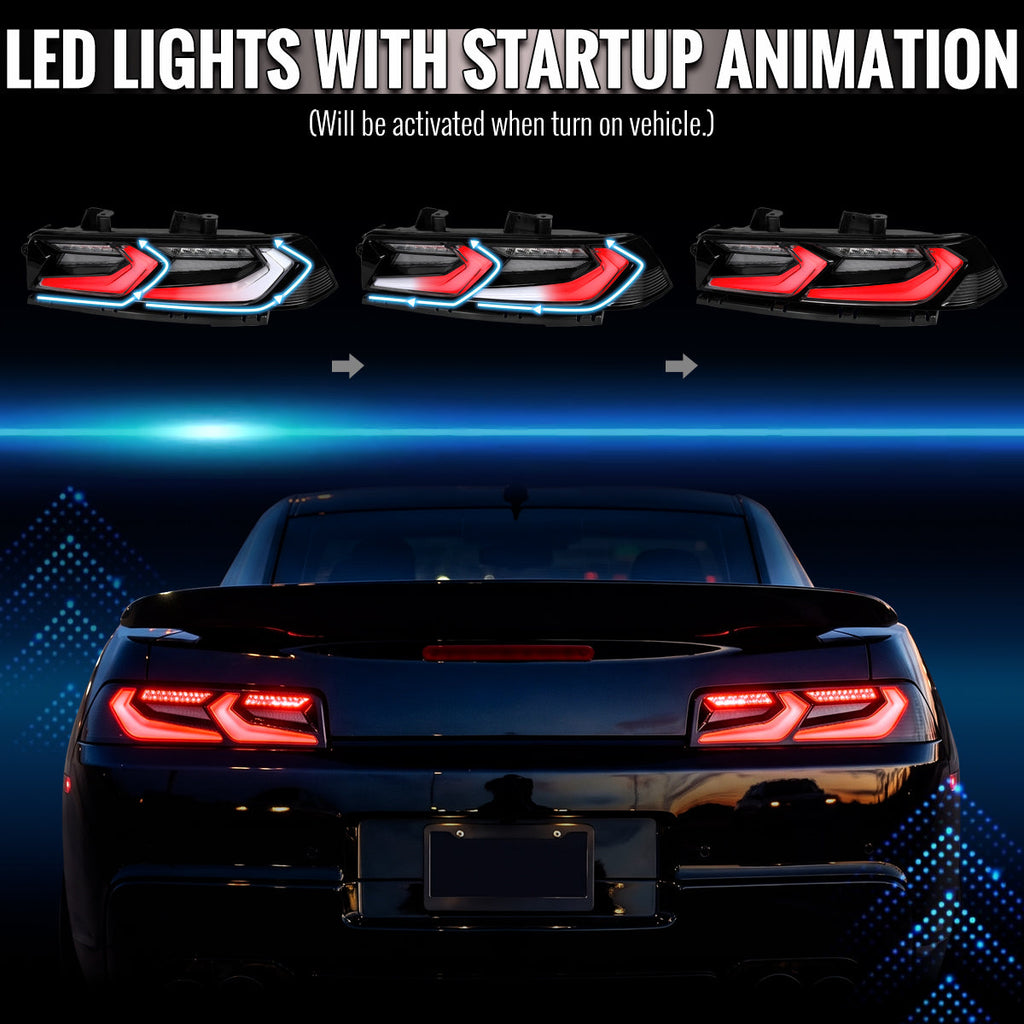 2014-2015 Chevrolet Camaro 5th Gen Sequential LED Turn Signal C8-Style Tail Lights (Black Housing / Clear Lens)