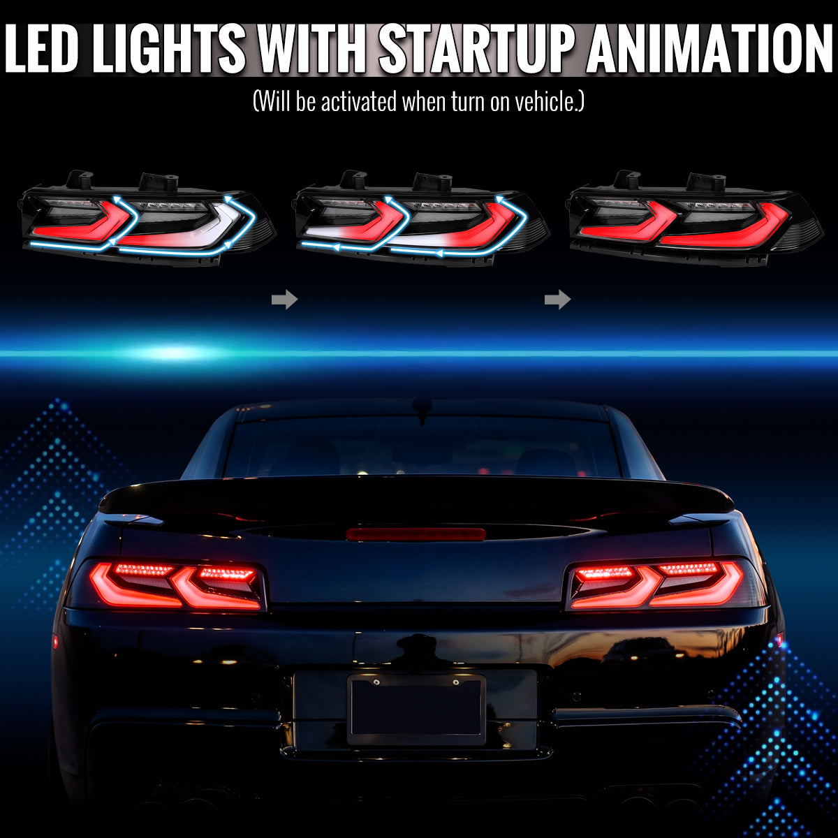 2014-2015 Chevrolet Camaro 5th Gen Sequential LED Turn Signal C8-Style Tail Lights (Black Housing / Clear Lens)