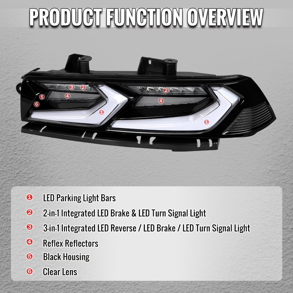 2014-2015 Chevrolet Camaro 5th Gen Sequential LED Turn Signal C8-Style Tail Lights (Black Housing / Clear Lens)